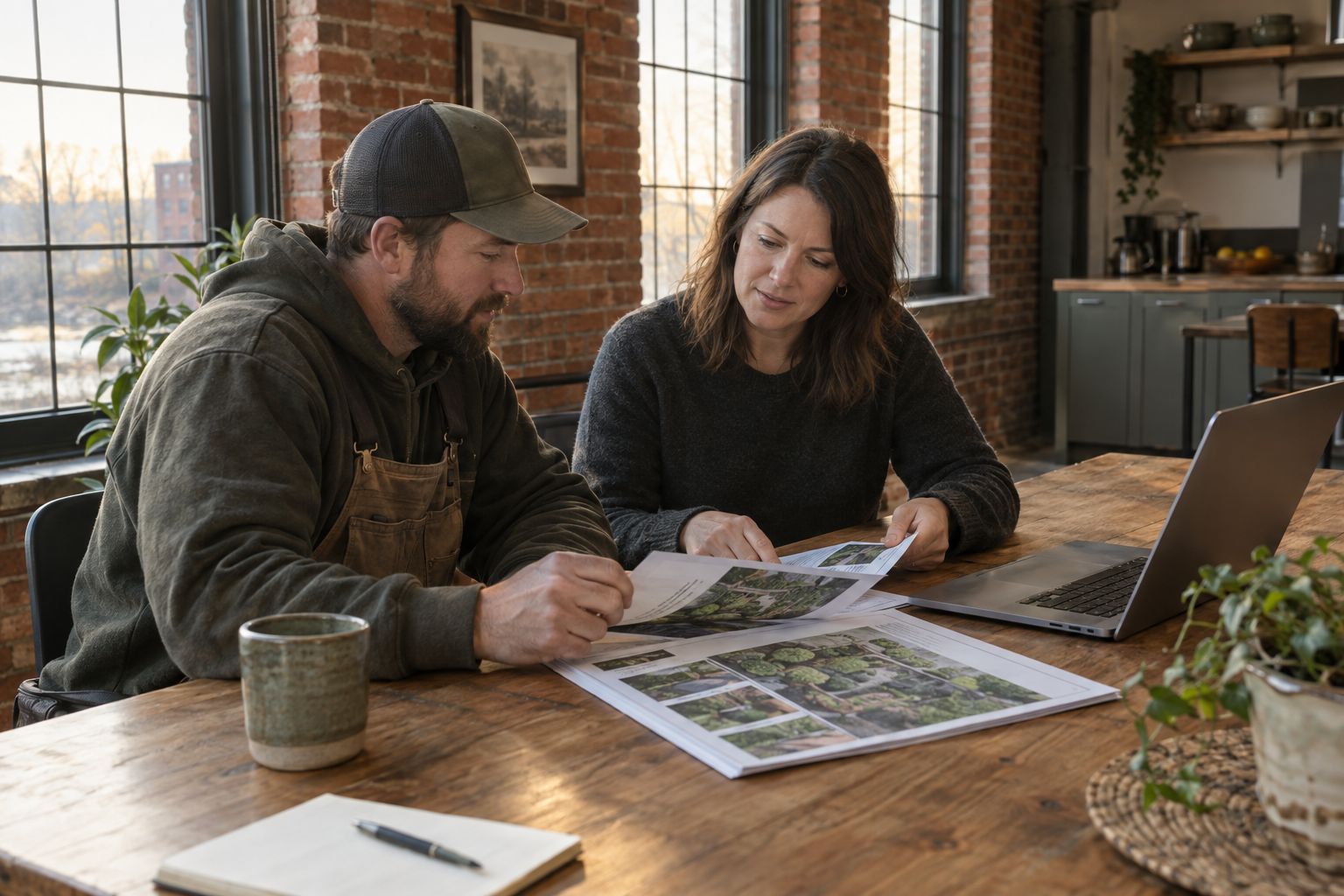 Illustrative scene of two people reviewing a business report