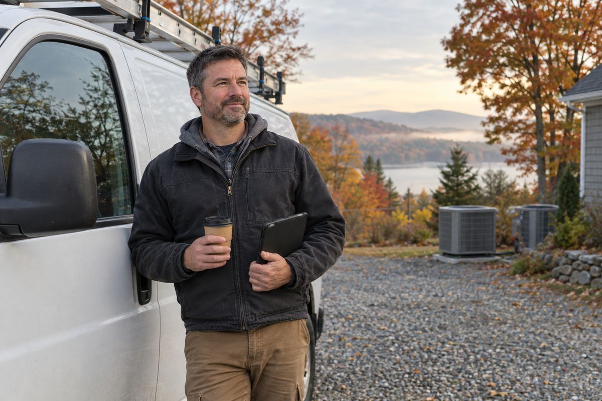 A contractor standing beside his work van on an autumn morning, holding a tablet and coffee