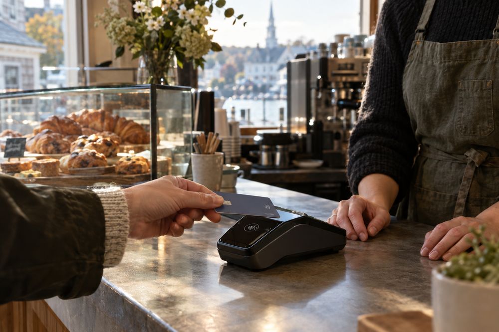 A small business owner at a café counter